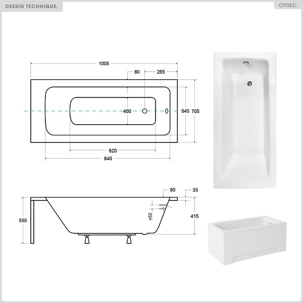 BESCO - Baignoire rectangulaire - 100 x 70 cm - avec Habillage - Pieds - Vidage Chrome - TALIA - large