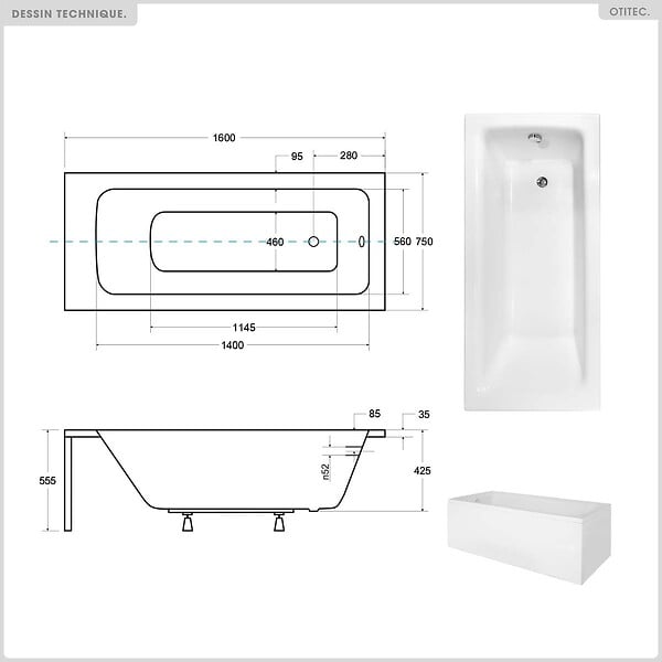 BESCO - Baignoire rectangulaire - 160 x 75 cm - avec Habillage - Pieds - Poignées - Repose-tête - Vidage Chrome - TALIA PREMIUM - large