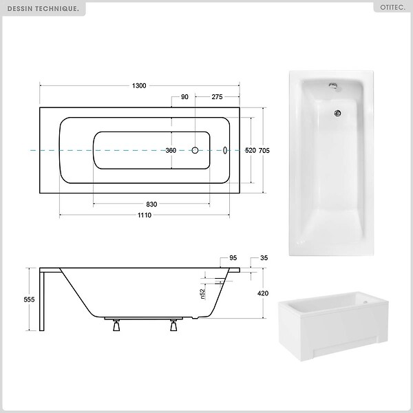 BESCO - Baignoire rectangulaire - 130 x 70 cm - avec Habillage - Pieds - Vidage Chrome - TALIA - large