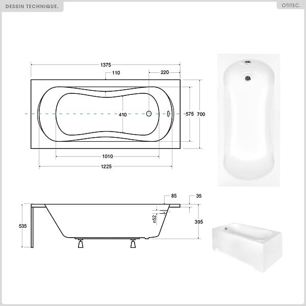 BESCO - Baignoire rectangulaire - 140 x 70 cm - sans Habillage - avec Pieds - Vidage Chrome - ARIA - large