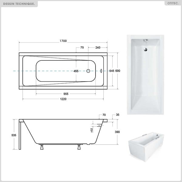 BESCO - Baignoire rectangulaire - 170 x 70 cm - sans Habillage - avec Pieds - Vidage Chrome - MODERN - large