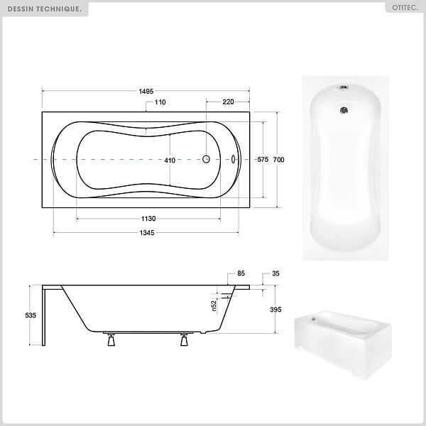 BESCO - Baignoire rectangulaire - 150 x 70 cm - sans Habillage - avec Pieds - Vidage Chrome - ARIA - large