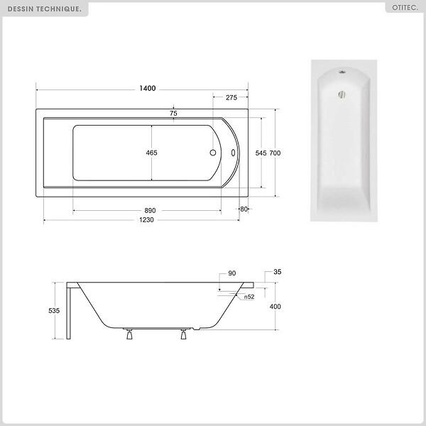 BESCO - Baignoire rectangulaire - 140 x 70 cm - sans Habillage - avec Pieds - Vidage Chrome - SHEA SLIM - large