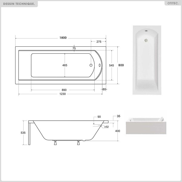 BESCO - Baignoire rectangulaire - 180 x 80 cm - sans Habillage - avec Pieds - Repose-tête - Étagère bambou - Vidage Chrome - SHEA - large