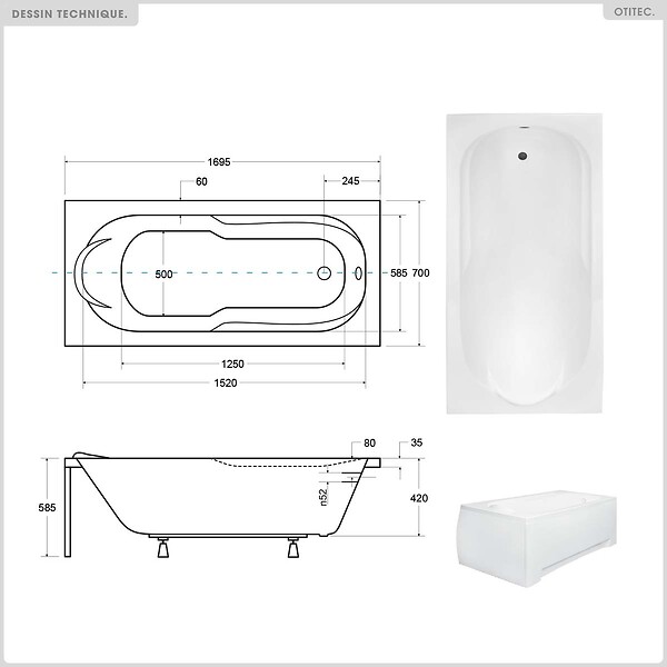 BESCO - Baignoire rectangulaire - 170 x 70 cm - avec Tablier Blanc - Pieds - Vidage Chrome - BONA - large