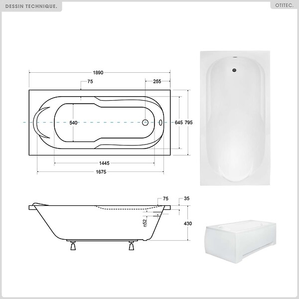 BESCO - Baignoire rectangulaire - 190 x 80 cm - avec Habillage - Pieds - Vidage Chrome - BONA - large