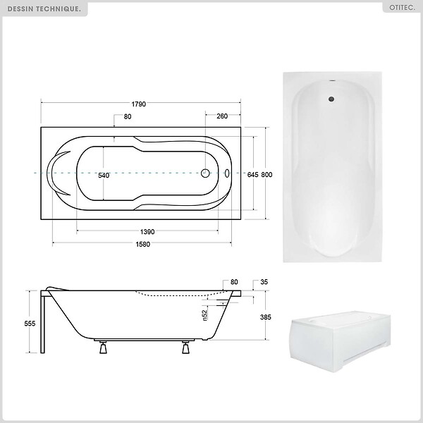 BESCO - Baignoire rectangulaire - 180 x 80 cm - avec Tablier Blanc - Pieds - Vidage Chrome - BONA - large