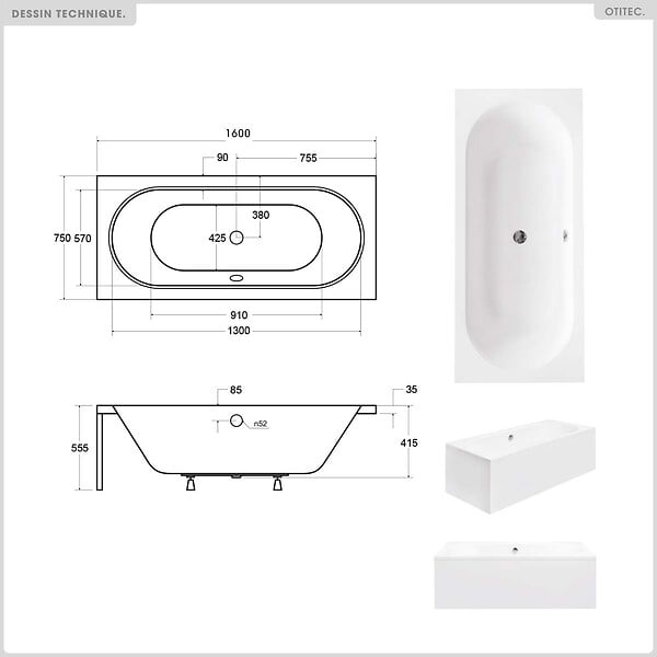 BESCO - Baignoire rectangulaire - 160 x 75 cm - sans Habillage - avec Pieds - Vidage Chrome - VITAE - large