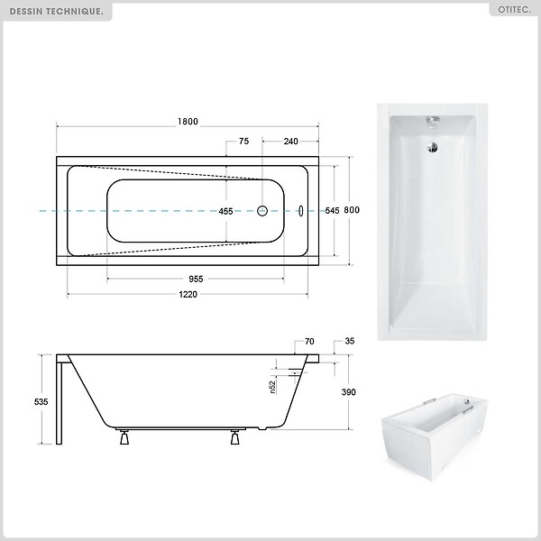 BESCO - Baignoire rectangulaire - 180 x 80 cm - sans Habillage - avec Pieds - Vidage Chrome - MODERN - large