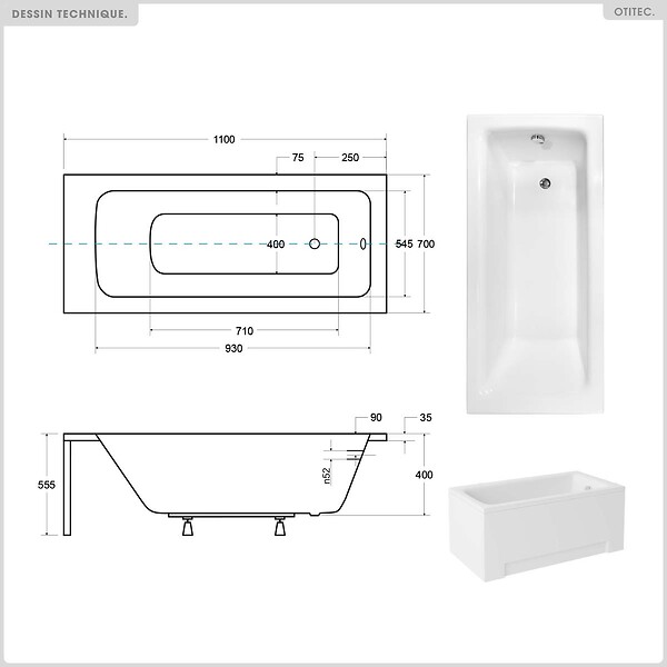 BESCO - Baignoire rectangulaire - 110 x 70 cm - avec Habillage - Pieds - Vidage Chrome - TALIA - large