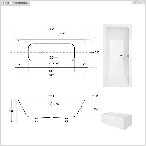 OTITEC - Baignoire rectangulaire - 175 x 80 cm - sans Habillage - avec Pieds - Vidage Chrome - QUADRO - large