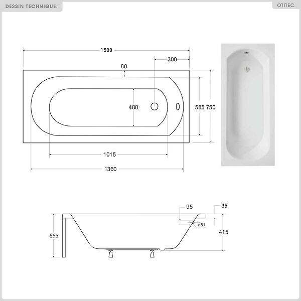 BESCO - Baignoire rectangulaire - 150 x 75 cm - avec Tablier Blanc - Pieds - Vidage Chrome - INTRICA - large