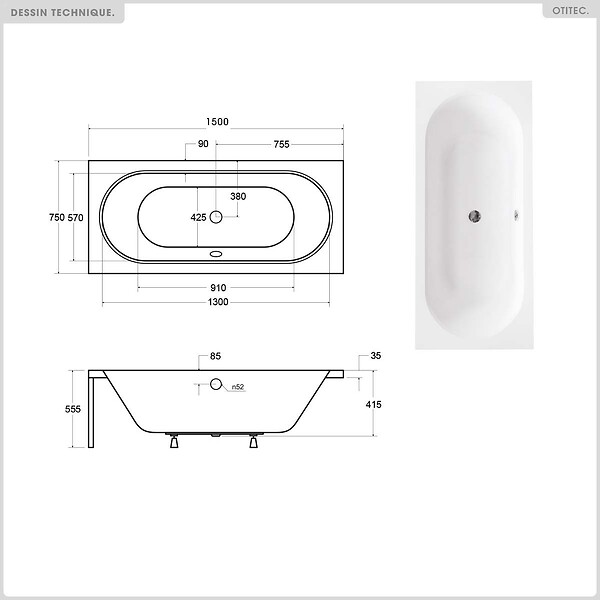 BESCO - Baignoire rectangulaire - 150 x 75 cm - sans Habillage - avec Pieds - Vidage Chrome - VITAE SLIM - large