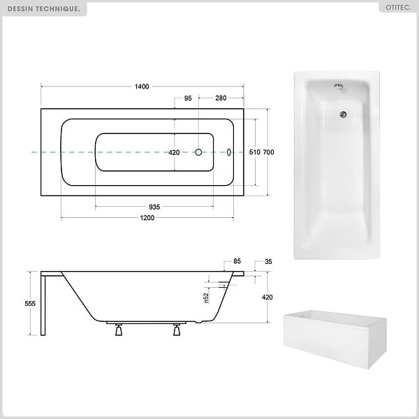 BESCO - Baignoire rectangulaire - 140 x 70 cm - avec Tablier Blanc - Pieds - Vidage Chrome - TALIA - large