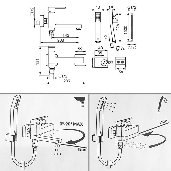 FERRO - Robinet mitigeur de bain mural, bec pivotant rabattable + douchette incluse ZICCO - large