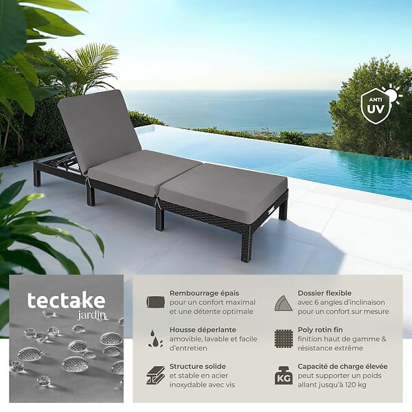 TECTAKE - Bain de soleil SOFIA 6 positions noir - large