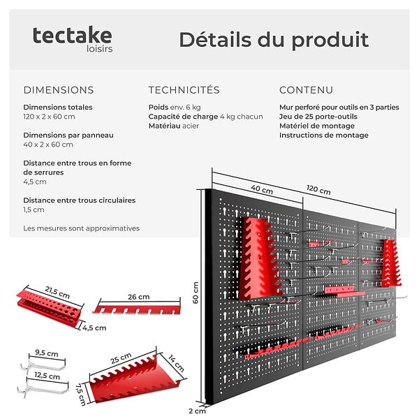 TECTAKE - Panneau perforé JONAH avec crochets et supports noir/rouge - large