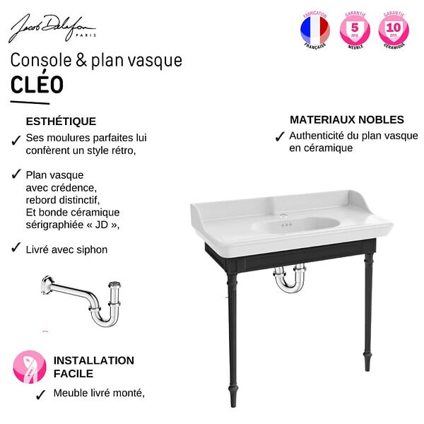 JACOB DELAFON - Console Cléo 1889 avec plan vasque + miroir + colonne droite + siphon chromé - large