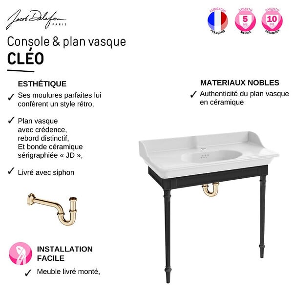 JACOB DELAFON - Console Cléo 1889 avec plan vasque + miroir + siphon or - large