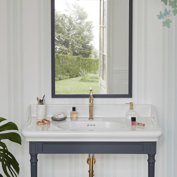 JACOB DELAFON - Console Cléo 1889 avec plan vasque + colonne droite + miroir + robinet lavabo or + siphon or - large