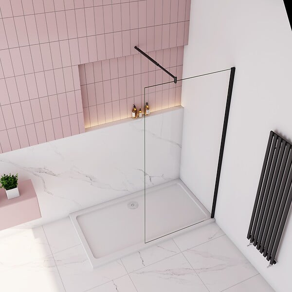 AICA SANITAIRE - Paroi de douche à l’italienne anticalcaire 8mm,110x200cm avec barre de fixation extensible en cylindrique, profilé en noir mat - large