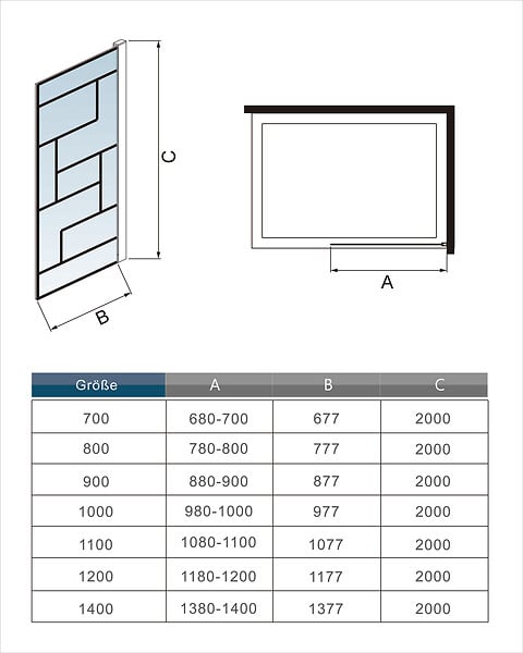 AICA SANITAIRE - Paroi de douche à l’italienne sérigraphie à carreaux 140x200cm walk-in en verre anticalcaire 8mm avec une de barre de fixation horizontal 140cm - large