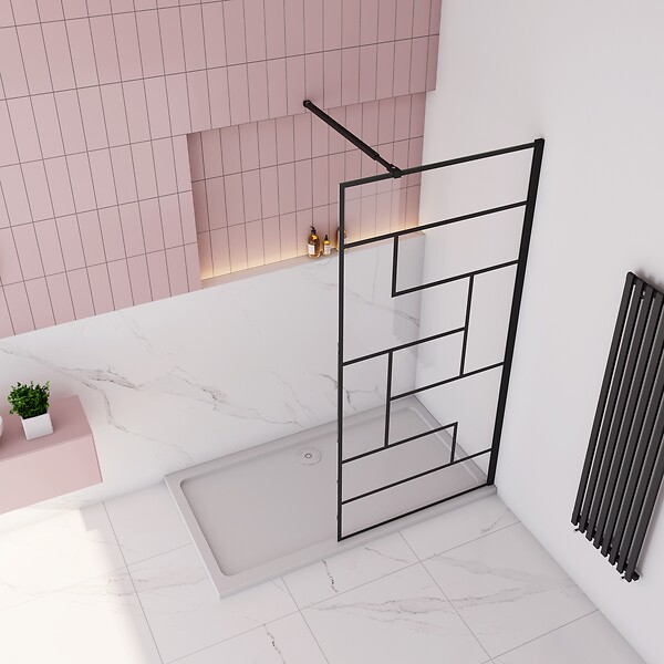 AICA SANITAIRE - Paroi de douche à l’italienne forme à carreaux noir 120x200cm,en verre anticalcaire 8mm avec barre de fixation en carré extensible 73-120cm - large