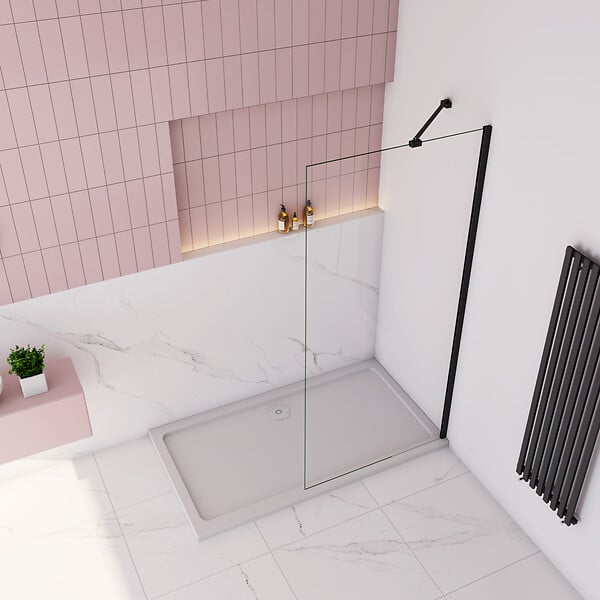 AICA SANITAIRE - Paroi de douche à l’italienne anticalcaire 8mm walk-in 50x200cm avec barre de fixation d’ angle noir 45cm, profilé en noir mat - large