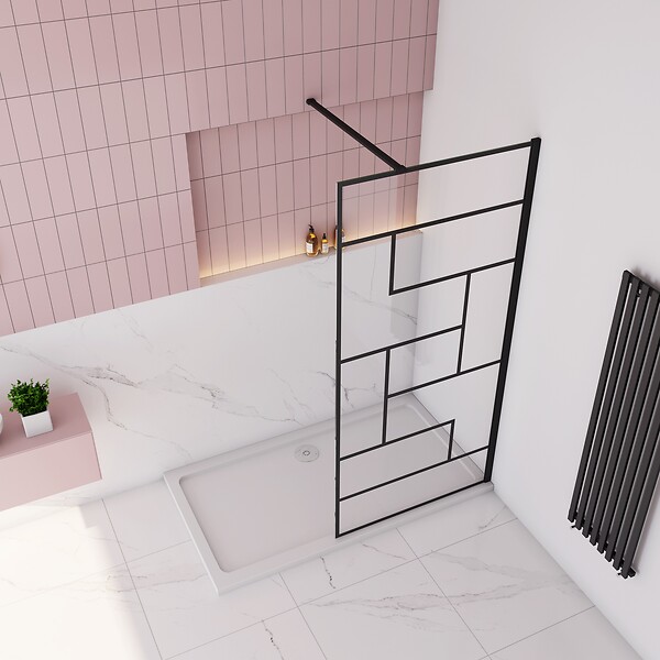 AICA SANITAIRE - Paroi de douche à l’italienne sérigraphie à carreaux 120x200cm walk-in en verre anticalcaire avec une de barre de fixation horizontal 90cm - large