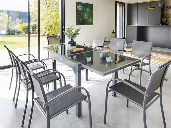 HESPERIDE - Ensemble repas table extensible carrée en verre + 8 fauteuils - Piazza - Hespéride - large