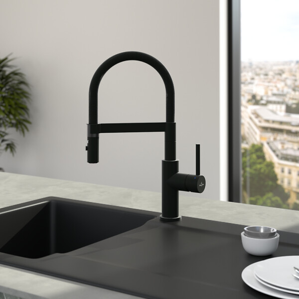 VILLEROY ET BOCH - Robinet de cuisine avec douchette Steel Expert Compact Noir mat - large