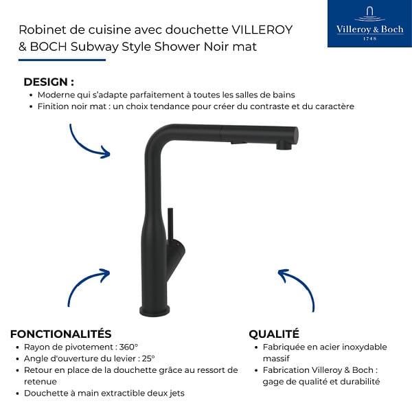 VILLEROY ET BOCH - Robinet de cuisine avec douchette Subway Style Shower Noir mat - large