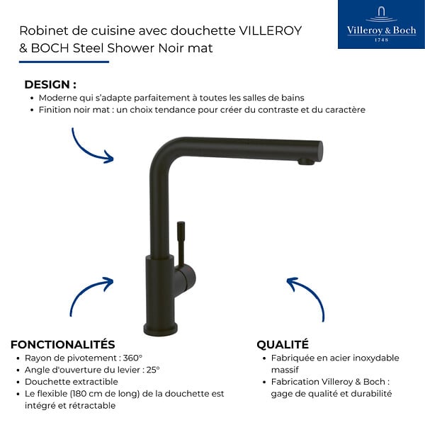 VILLEROY ET BOCH - Robinet de cuisine avec douchette Steel Shower Noir mat - large