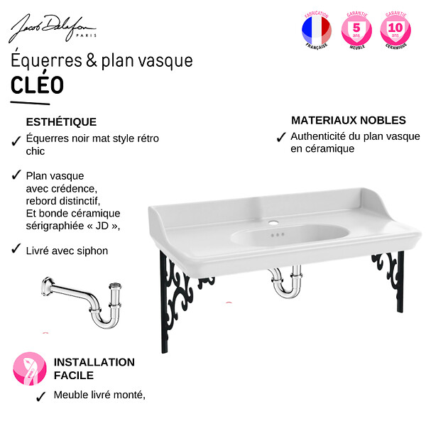 JACOB DELAFON - Pack plan vasque suspendu Cléo 1889 + colonne droite + miroir + robinet chromé + siphon chromé - large