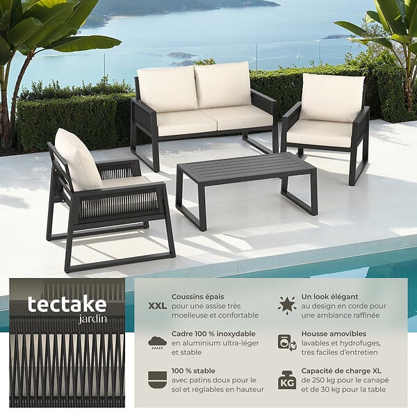 TECTAKE - Ensemble de salon de jardin en aluminium Captive au design Rope gris anthracite - large