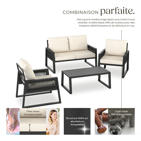 TECTAKE - Ensemble de salon de jardin en aluminium Captive au design Rope gris anthracite - large