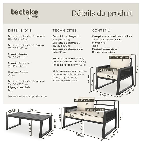 TECTAKE - Ensemble de salon de jardin en aluminium Captive au design Rope gris anthracite - large