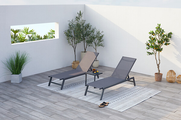 CONCEPT USINE - Lot de 2 transats et une table d'appoint gris et noir PRATO - large