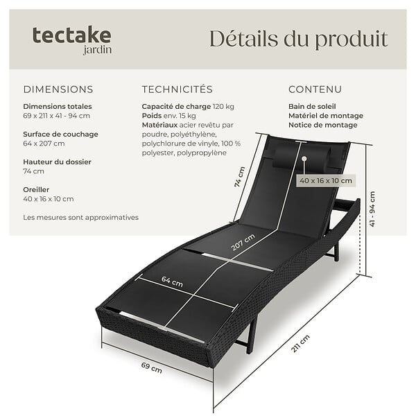 TECTAKE - Bain de soleil en rotin Moana noir - large