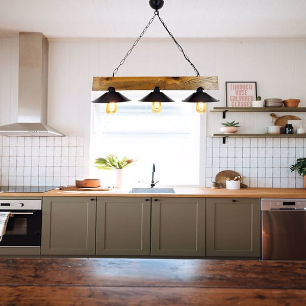CONCEPT USINE - Suspension rustique 3 lampes bois et noire ENOLA - large