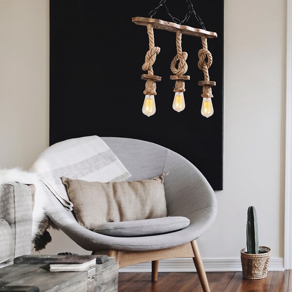 CONCEPT USINE - Suspension rustique filaire 3 lampes cordes et bois ZYA $ - large