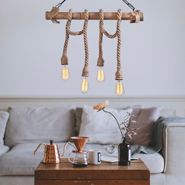 CONCEPT USINE - Suspension rustique filaire 4 lampes cordes et bois LOANE $ - large