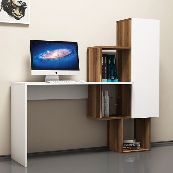 CONCEPT USINE - Bureau fonctionnel 6 rangements - bois et blanc TURKU - large