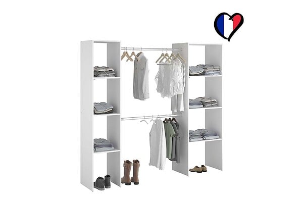CONCEPT USINE - Dressing blanc 6 étagères, 2 penderies 198 x 40 x 180 cm ELYSEE - large