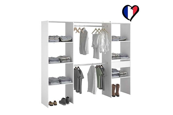 CONCEPT USINE - Dressing blanc 6 étagères 1 tiroir 2 penderies 220 x 40 x 180 cm ELYSEE - large