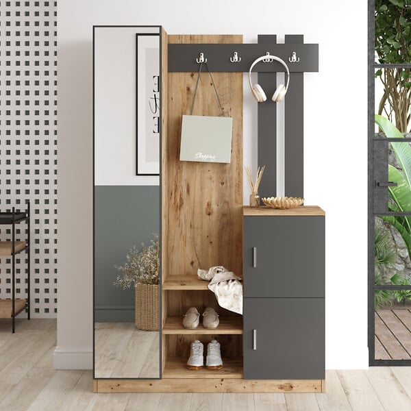 CONCEPT USINE - Meuble d'entrée design bois et gris miroir ANKA - large
