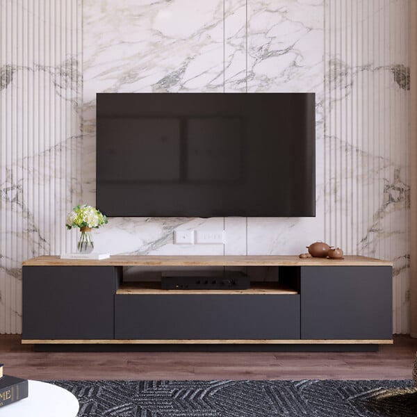 CONCEPT USINE - Meuble TV gris et bois 180 cm TYRO - large