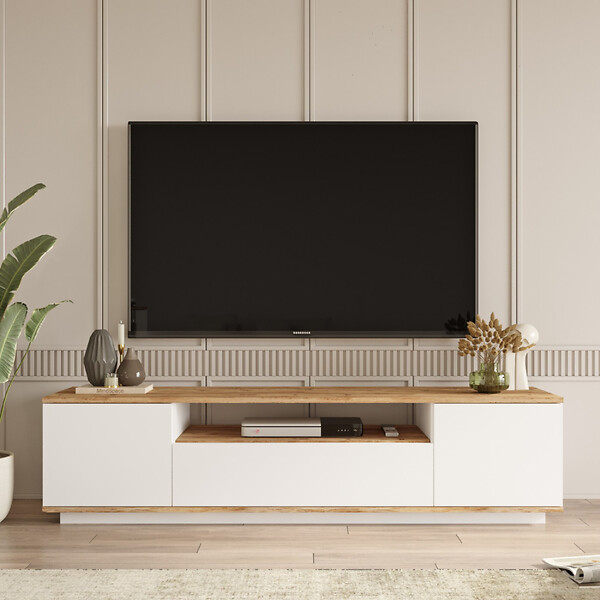CONCEPT USINE - Meuble TV blanc et bois 180cm TYRO - large