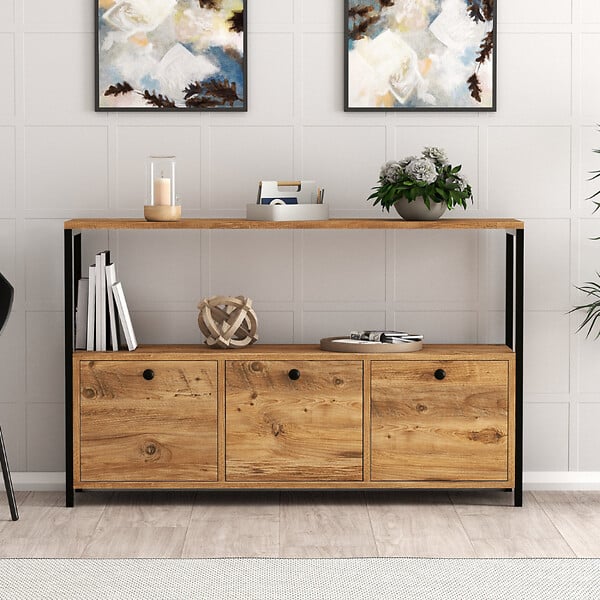 CONCEPT USINE - Buffet 3 portes style industriel bois-noir DRAGOR - large