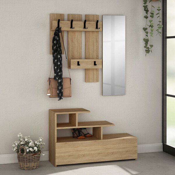 CONCEPT USINE - Meuble d'entrée effet bois avec porte manteau rangement et miroir MESTY - large